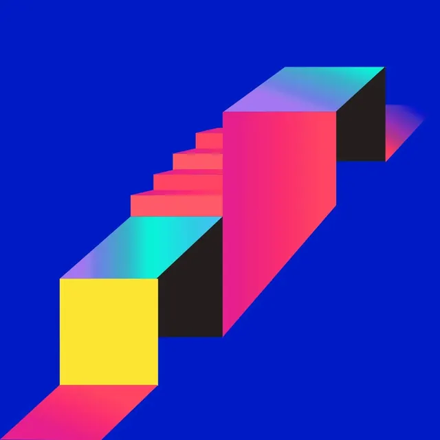 3D stepped blocks with gradient and neon colors, 3d-render, gradient-heavy, vibrant