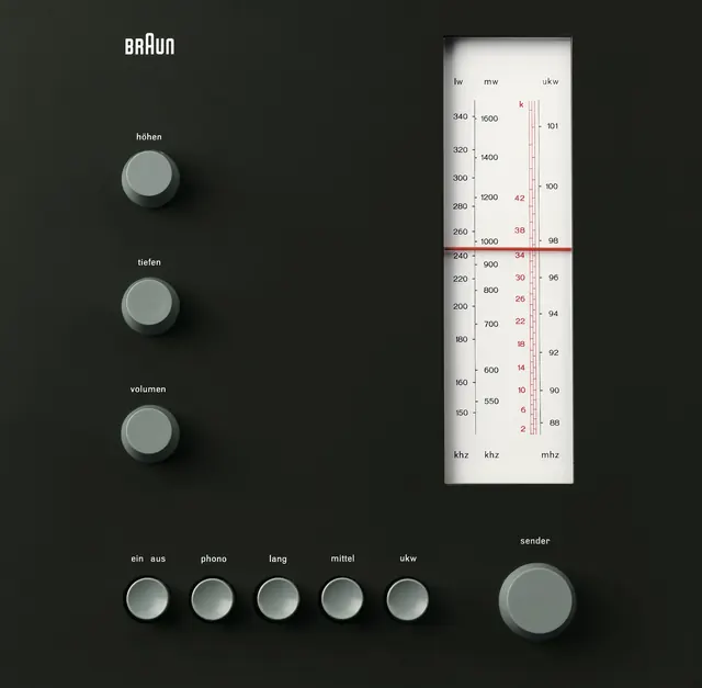 Braun vintage radio control panel schematic, technical, minimal, monochrome