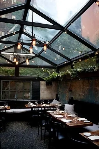 Industrial glass ceiling dining space, industrial, minimalist, dark