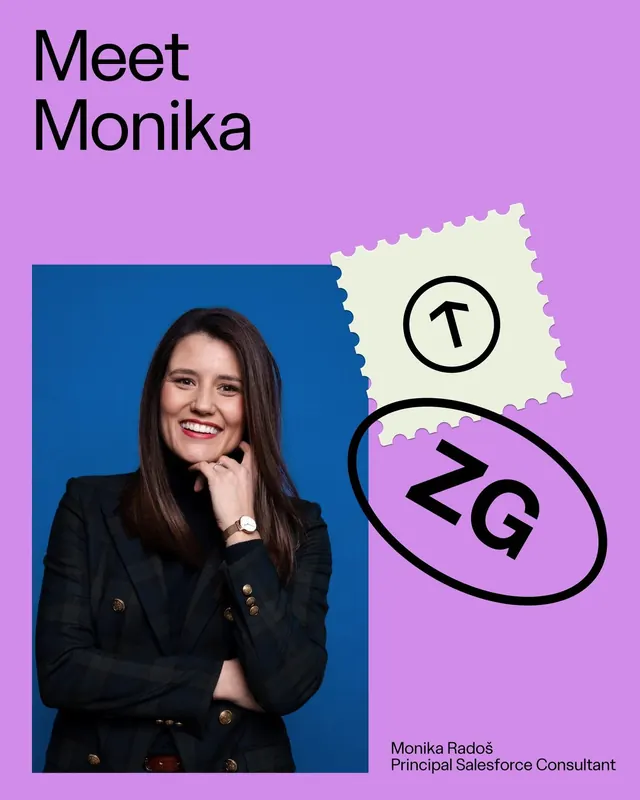 Monika professional profile card with playful shapes, playful, corporate-clean, dark