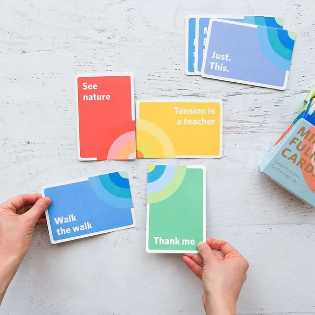 Affirmation cards with abstract curved shapes, minimal, playful, vibrant