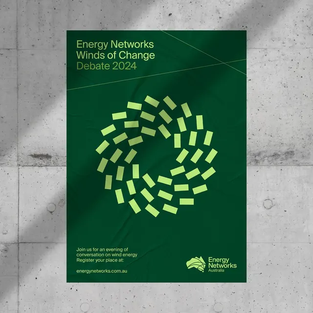 Energy Networks event poster with spiral geometry, corporate-clean, minimal, vibrant