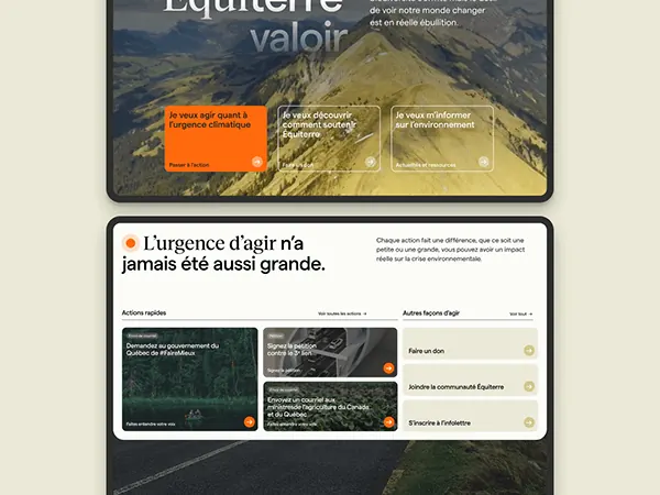 Environmental CTA campaign with mountain landscape, minimal, organic, warm