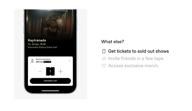 Dark mobile ticketing interface with event details, minimal, dark-mode, dark