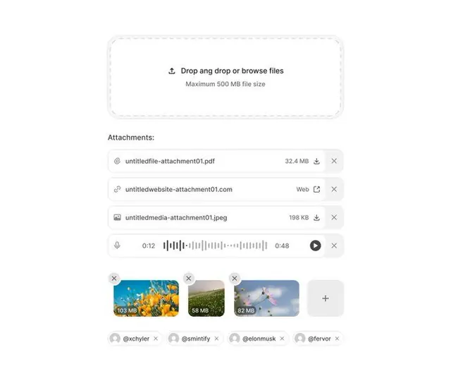 File attachment upload interface, minimal, flat, light