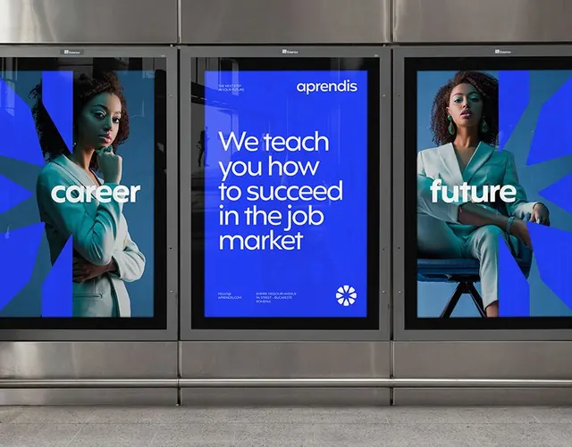 Vibrant blue triptych portrait campaign, corporate-clean, minimal, vibrant