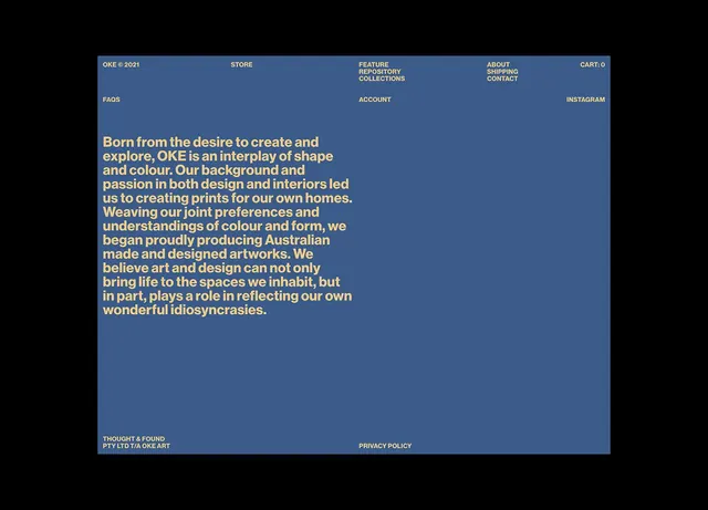 OKE design studio about page, deep blue + gold type, minimal, corporate-clean, dark
