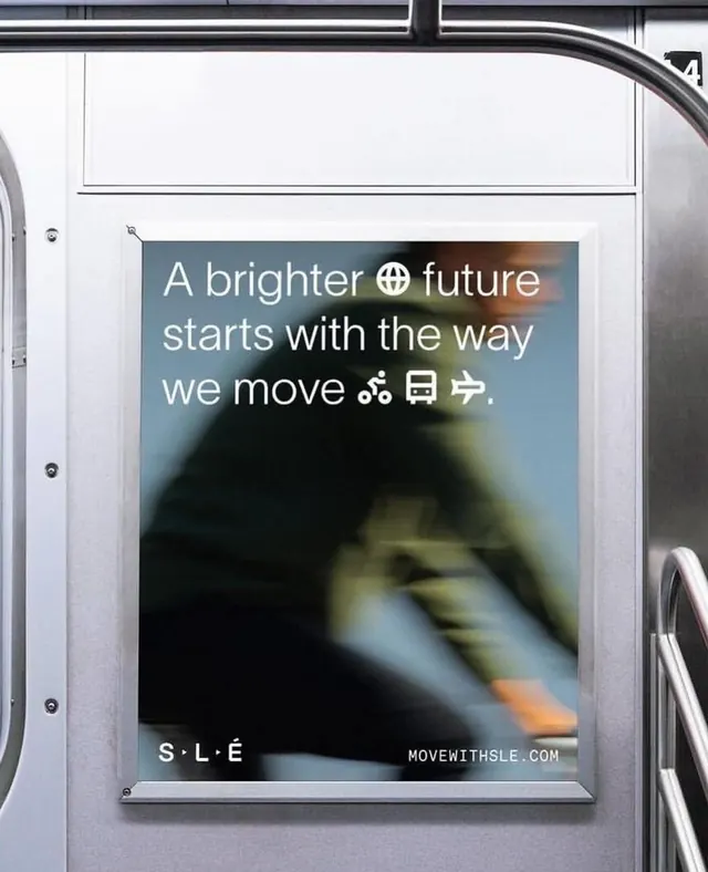 Transit advertising panel with motion-blur background, minimal, corporate-clean, light