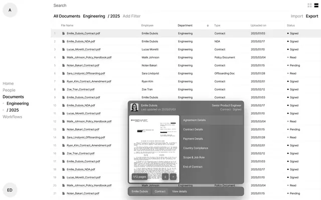 Engineering documents table with hover detail panel, minimal, technical, light