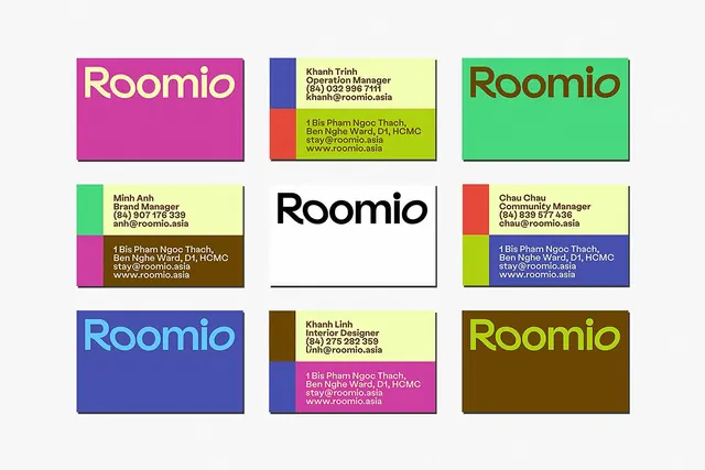 Roomio team card color-blocking system, flat, corporate-clean, cool