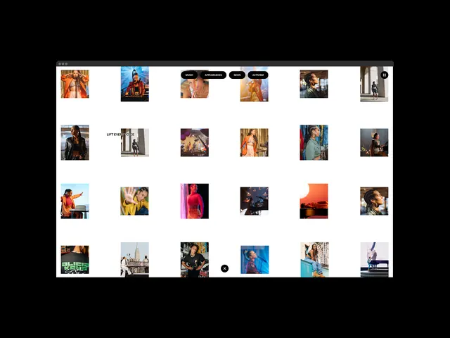 Grid layout of colorful film thumbnails, minimal, geometric, light