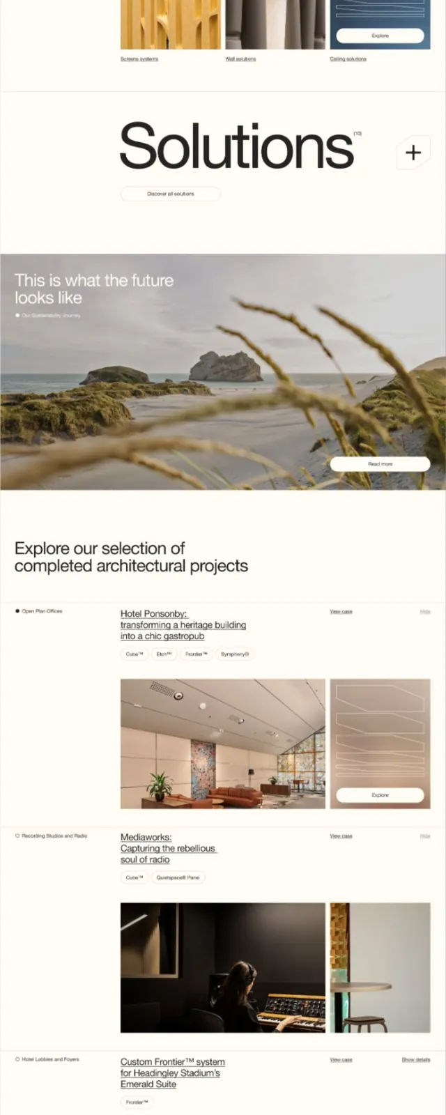 Acoustic solutions multi-section landing page, minimal, corporate-clean, warm