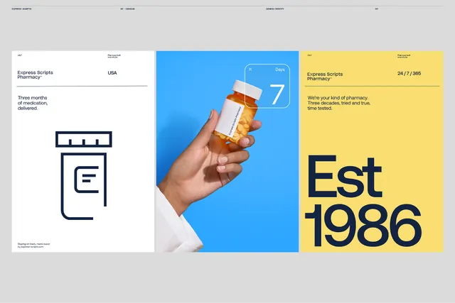 Pharmacy product launch with three-column grid, minimal, corporate-clean, light