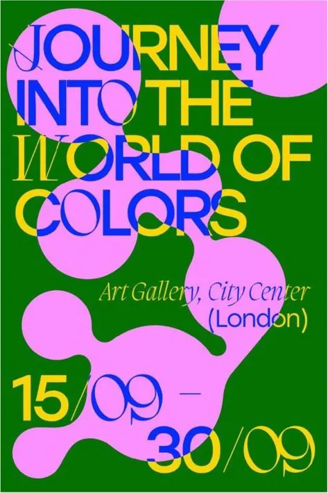 Journey into the World of Colors art gallery poster, playful, geometric, vibrant