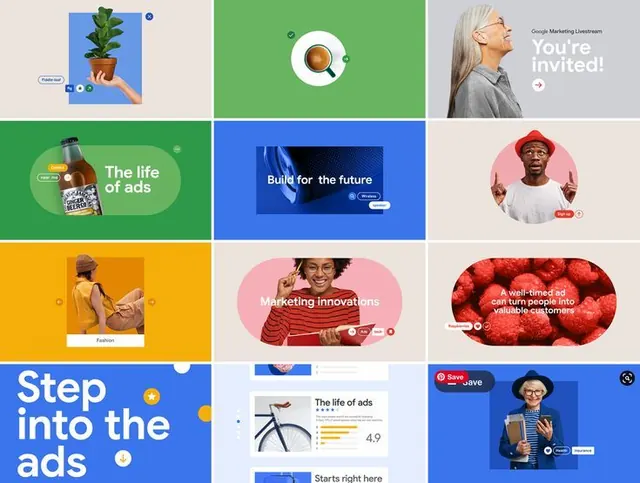 9-cell marketing grid with product mockups and portraits, flat, playful, warm