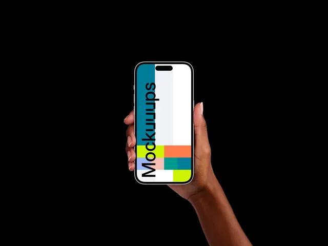 MoKumma app phone mockup color-block branding, minimal, geometric, dark