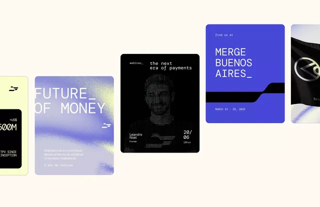 Modular fintech event collage with deep-blue accent cards, minimal, corporate-clean, dark