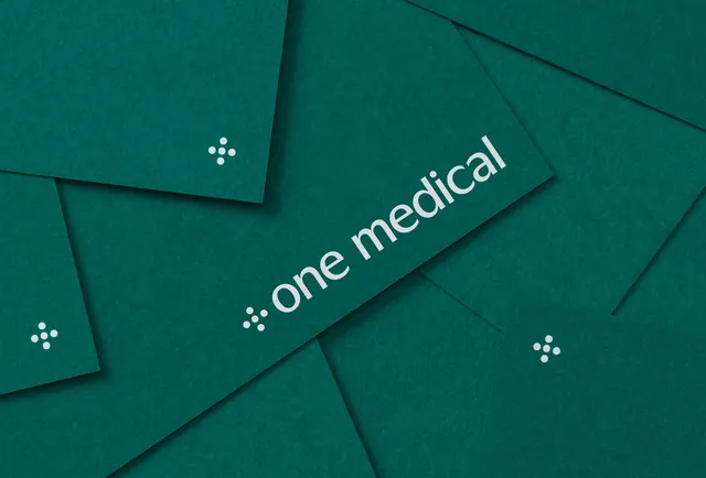 Layered teal paper healthcare branding mockup, minimal, geometric, cool
