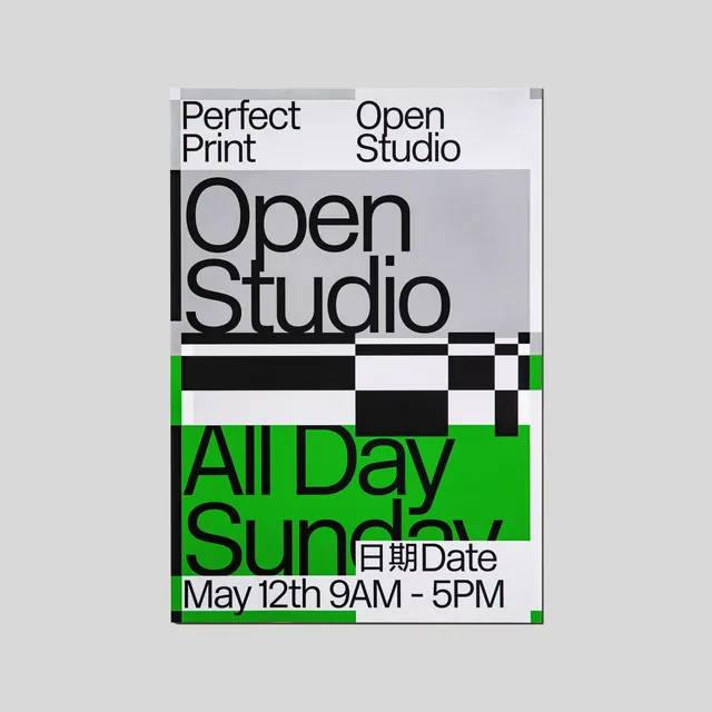 Open Studio event poster with bold checkerboard bands, minimal, geometric, dark