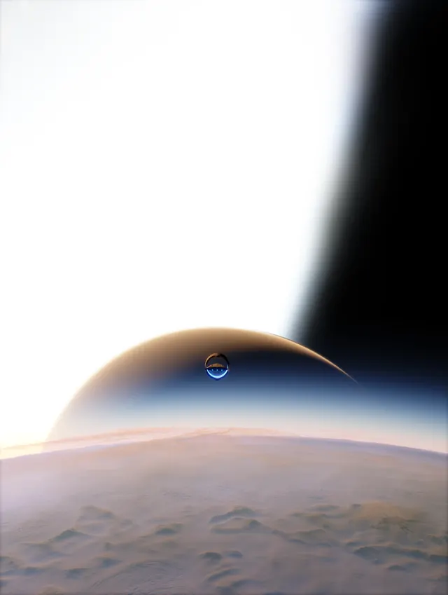 Planet with small moon silhouette over horizon, minimal, photographic, dark