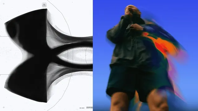 Split composition with abstract wireframe and motion-blurred portrait, abstract, monochrome, dark
