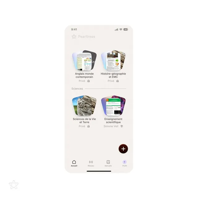 Pearltrees educational content mobile app, minimal, light-mode, light