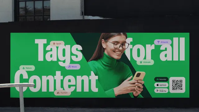 Bright-green inclusive content-tagging banner with portrait, flat, minimal, light