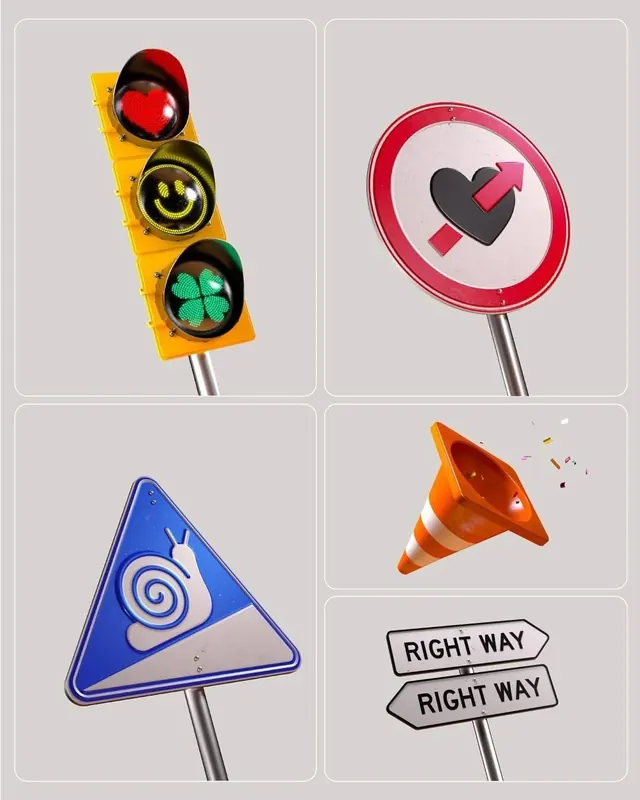 3D traffic signs and icon grid, geometric, minimal, light