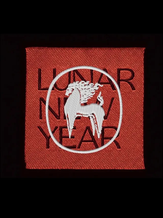 Lunar New Year embroidered textile patch in burnt orange, retro, illustrated, warm