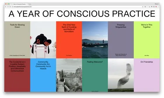 A Year of Conscious Practice: Modular grid layout, minimal, corporate-clean, earthy
