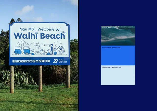Waihi Beach tourism signage and color system, minimal, corporate-clean, light