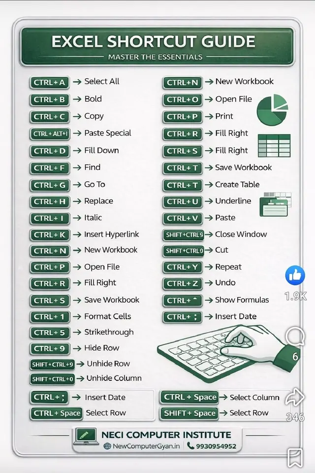 Excel Shortcut Guide infographic, technical, minimal, high-contrast