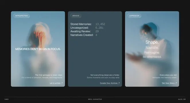 Memory archive soft-focus card system, minimal, editorial, muted