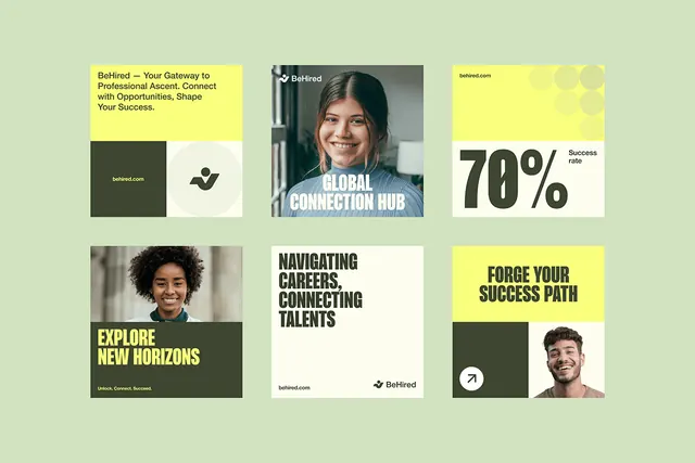 BeHired recruitment platform modular grid layout, minimal, corporate-clean, light
