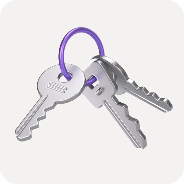 Metallic keys with purple keyring, minimal, 3d-render, light