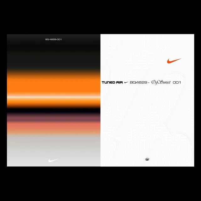 Nike Tuned Air BQ4629 OgSunset split-panel product graphic, minimal, gradient-heavy, warm