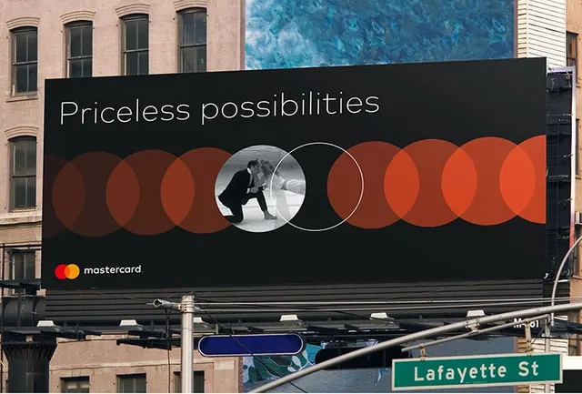 Concentric circles billboard with warm palette, geometric, abstract, dark