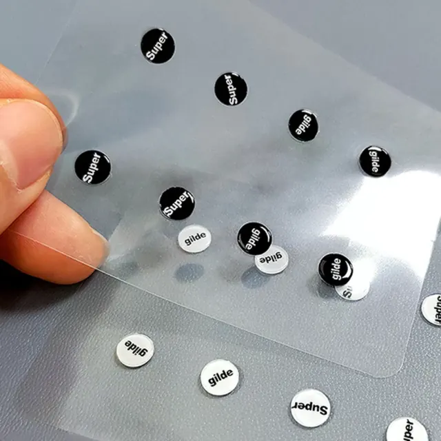 Quality control label stickers on transparent film, minimal, technical, light