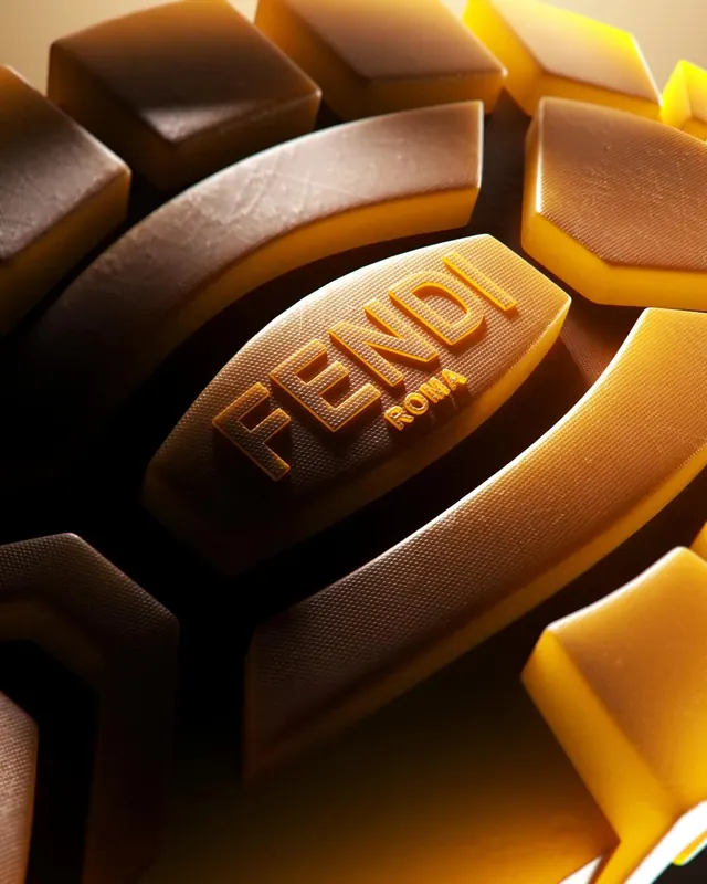 PENDI Rome luxury product with golden embossed branding and metallic surfaces, photographic, luxury, warm