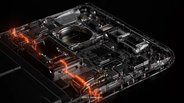 OPPO Find X6 phone internal technical visualization, 3d-render, technical, dark