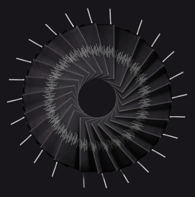 Circular data visualization with audio waveform pattern, 3d-render, technical, monochrome
