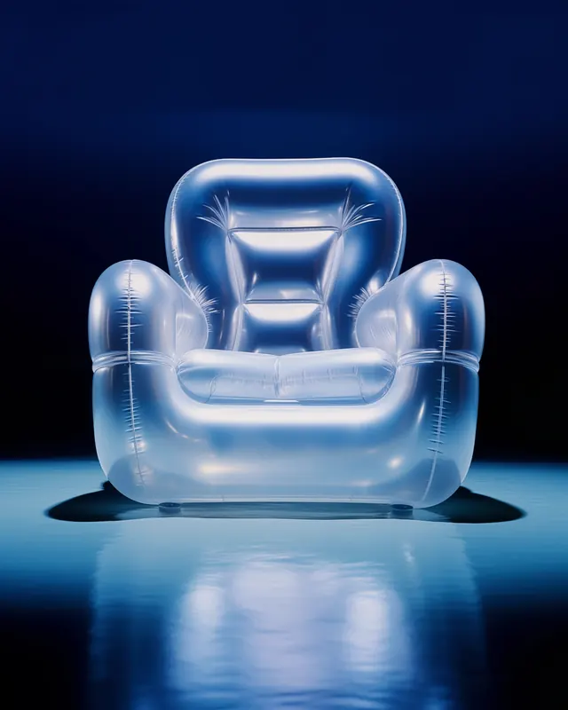 Translucent inflatable chair with stitch detail, 3d-render, technical, dark