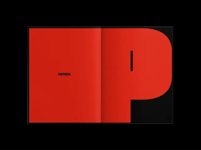Red and black graphic design collateral with bold typography, editorial, bold, dark
