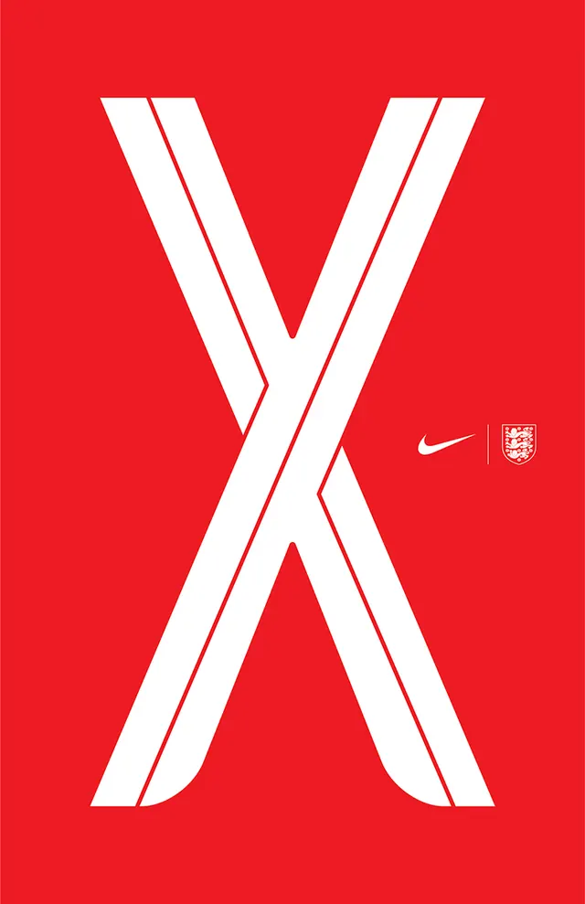 England 2018 World Cup kit typography with X motif, technical, bold, high-contrast