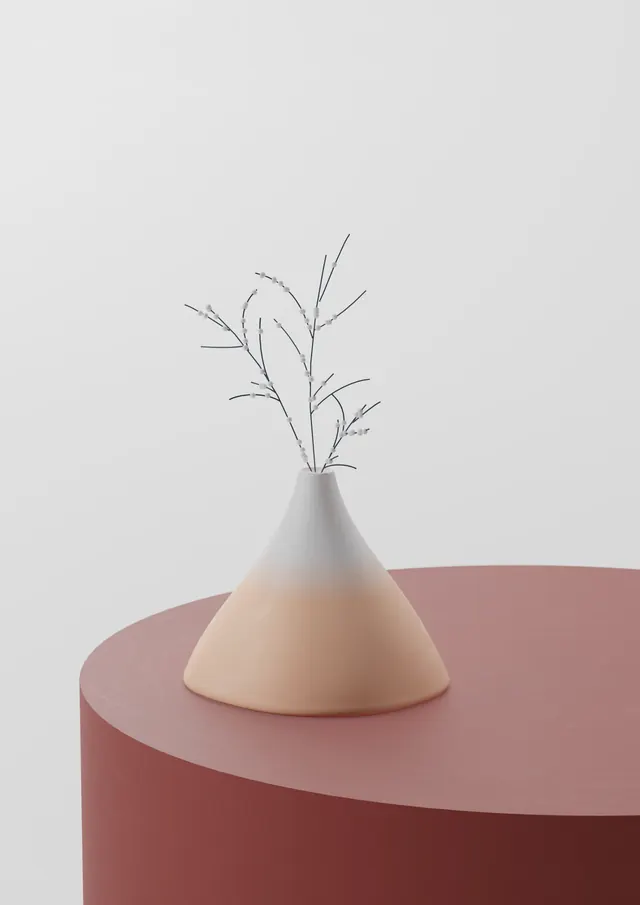 Minimalist ceramic vase with dried branch on mauve platform, minimal, geometric, monochrome