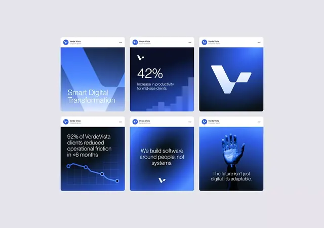 VerdeVista blue gradient card grid system, corporate-clean, gradient-heavy, dark
