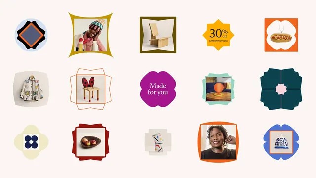 Grid of 15 framed product and lifestyle icons, flat, organic, warm