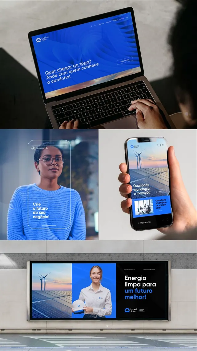 Blue, orange and white energy brand campaign, corporate-clean, photographic, vibrant