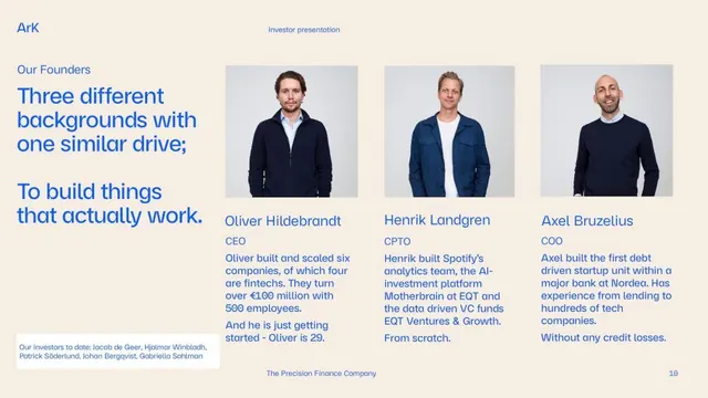 Founder-profile investor presentation layout, minimal, corporate-clean, light