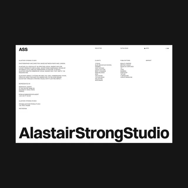 Alastair Strong Studio portfolio page, minimal, corporate-clean, dark